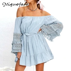 Miguofan Summer Dress Women Off Shoulder Slash Neck Sashes Short Dresses Long Sleeve Ruffles Plus Size White Mini Dress 2019 Miguofan Summer Dress Women Off Shoulder Slash Neck Sashes Short Dresses Long Sleeve Ruffles Plus Size White Mini Dress 2019