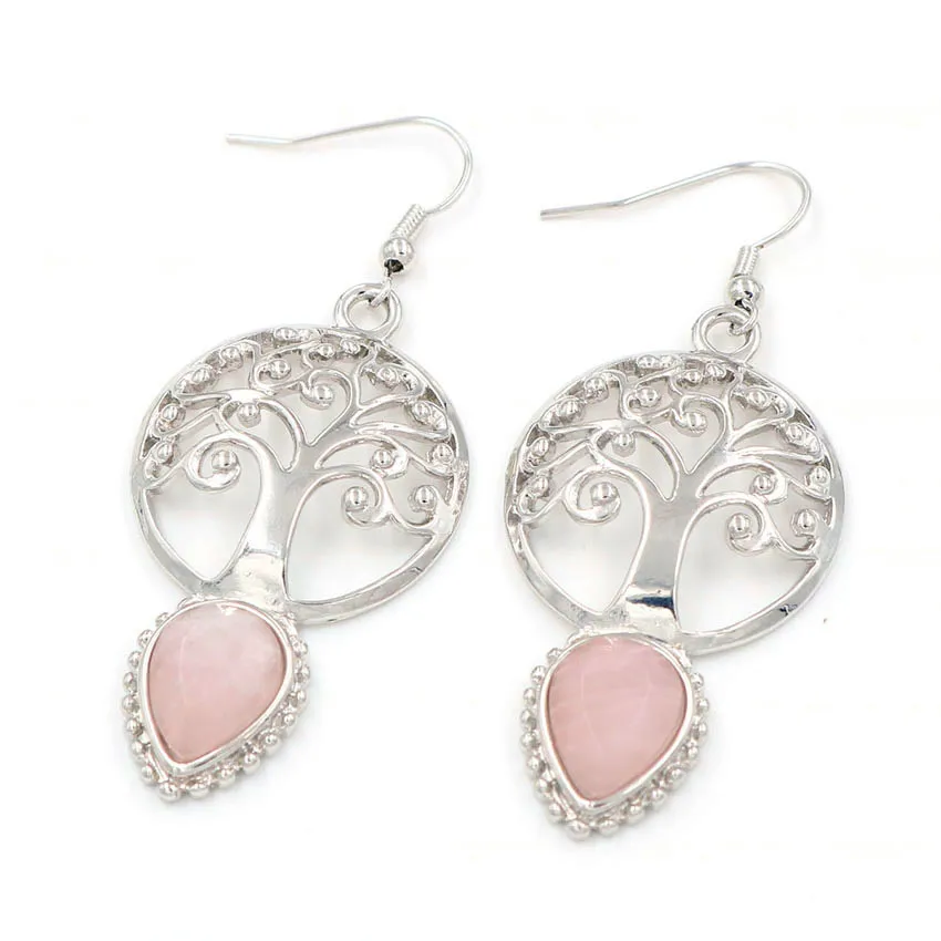 

FYJS Unique Women Jewelry Silver Plated Tree of Life Water Drop Natural Rose Pink Quartz Earrings