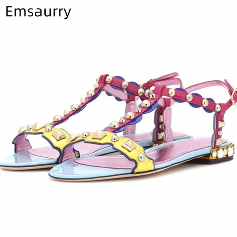 

Mixed Color T-strap Gladiator Sandalias Mujer 2019 Beading Pearl Flat Summer Shoes Bohemian Style Rivet Holiday Sandals Women