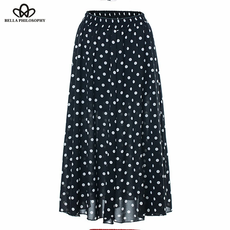 Wonder 2018 new summer women bohemian elegant dot straight skirt mid calf high waist skirt chiffon beach long skirts