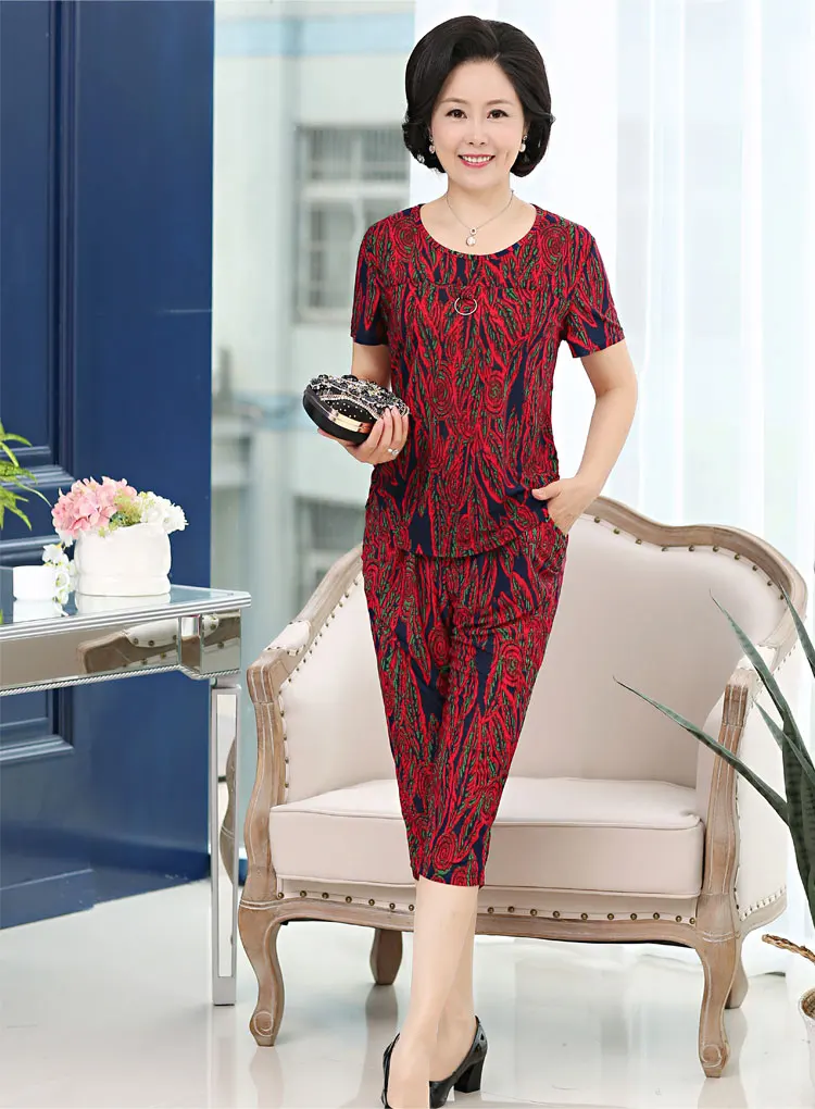 Summer Milk silk short-sleeved suit middle-aged women plus size print tops +pants suit grandmother loose 2 pieces suits AS1002