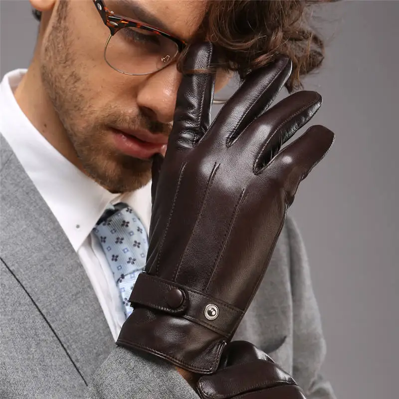 Guantes de cuero genuino para hombre, guantes de terciopelo fino, tendencia  de moda, elegante, para conducir, otoño e invierno, M18001