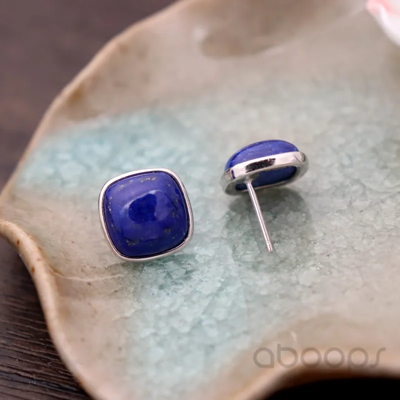 12mm Vintage 925 Sterling Silver Square Lapis Lazuli Stud Earrings for Women Girls Free Shipping Fashion Jewelry