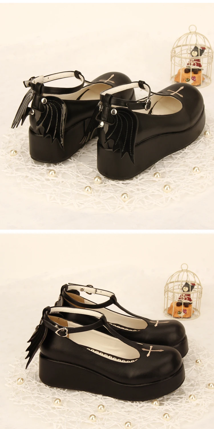 ROLECOS/черные туфли в готическом стиле Лолиты для костюмированной вечеринки с ремешком на щиколотке; Туфли Лолиты с круглым носком на платформе и каблуке; туфли принцессы с перекрещивающимися крылышками;