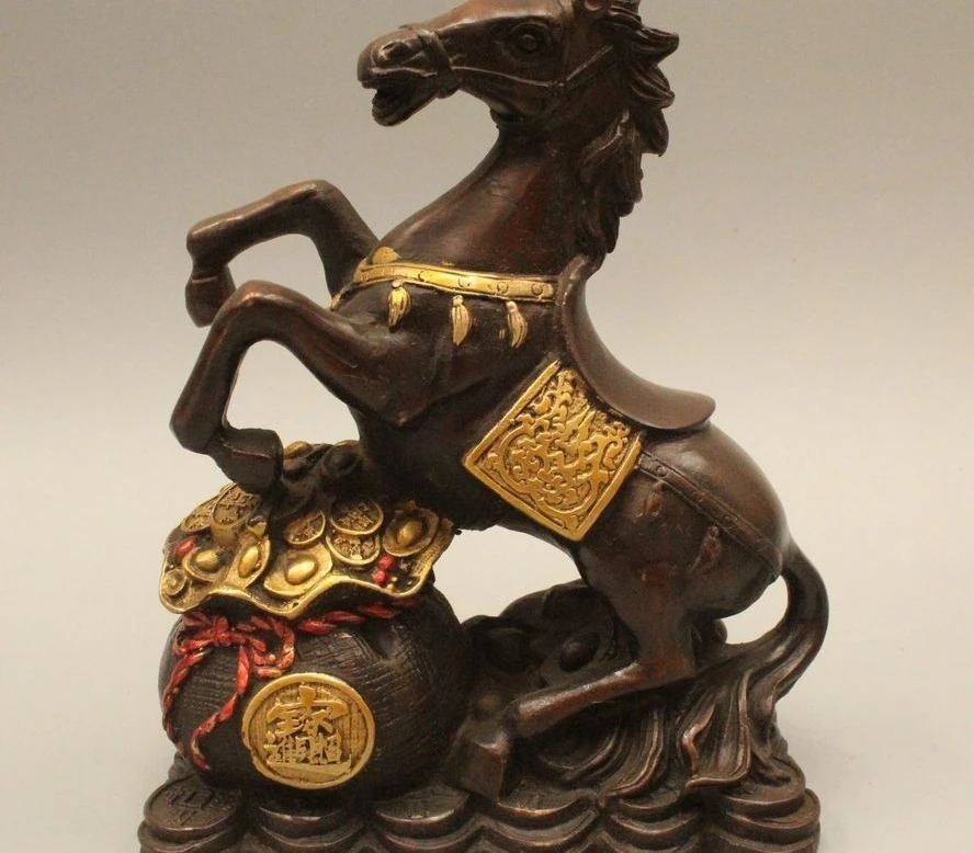 

8" Chinese Bronze Gild Zodiac Year Horse Successful Money Bag Run Wealth Statue