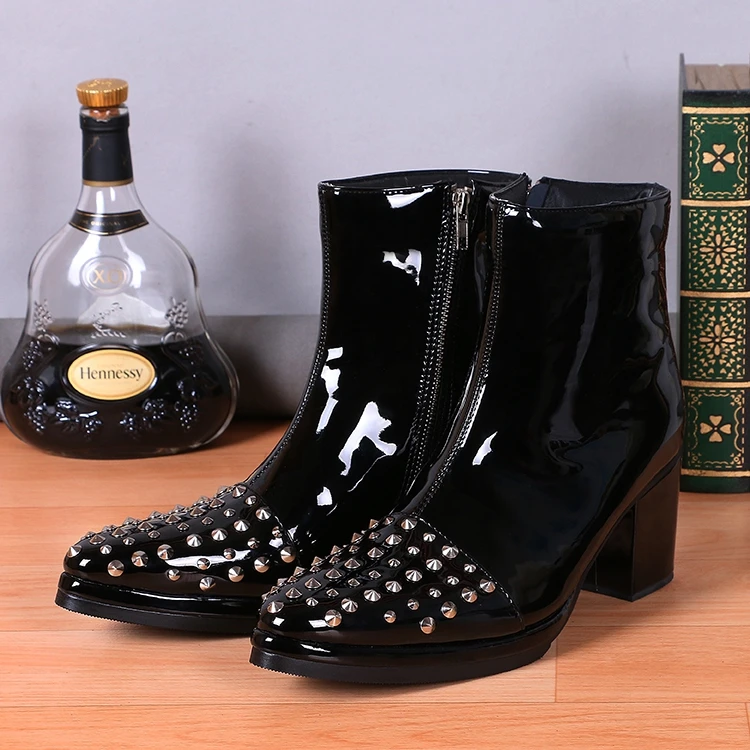 

Italian Men Knee High Boots Black High Top Work Studded Cowboy Boots Pointed Toe Rivets Motorcycle Shoes Man