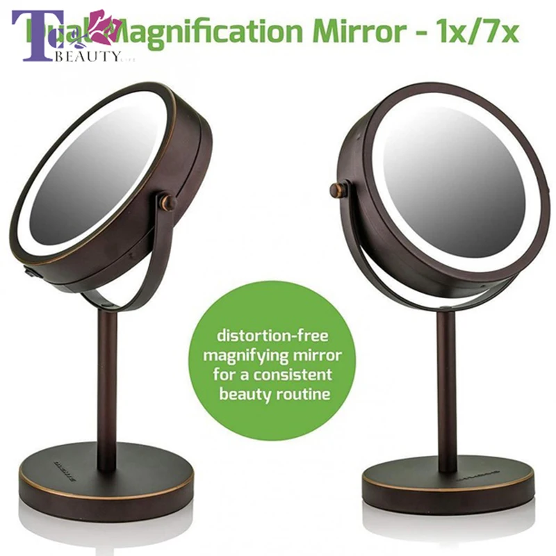 

Lighted Tabletop Makeup Mirror, 6 Inch, Dual-Sided 1x/7x Magnification, Cordless, Operated, Cool-Tone LED Lights, Antique Bronze