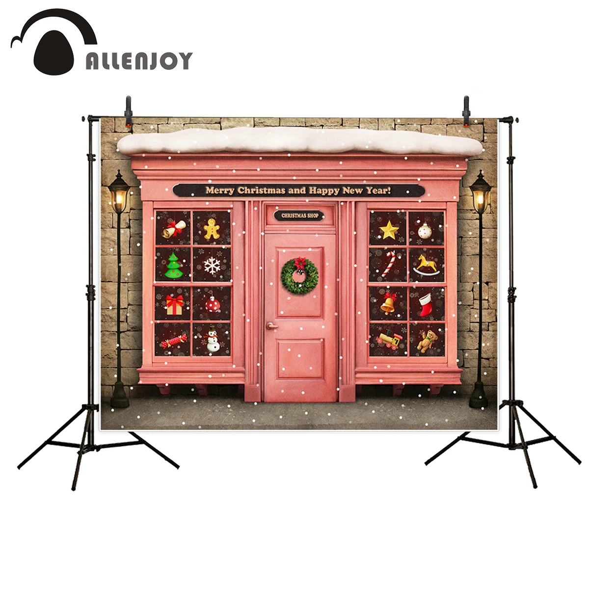 

Allenjoy photographic photo background Snowflake gift cartoon pink door child baby cute Christmas backdrop photocall navidad