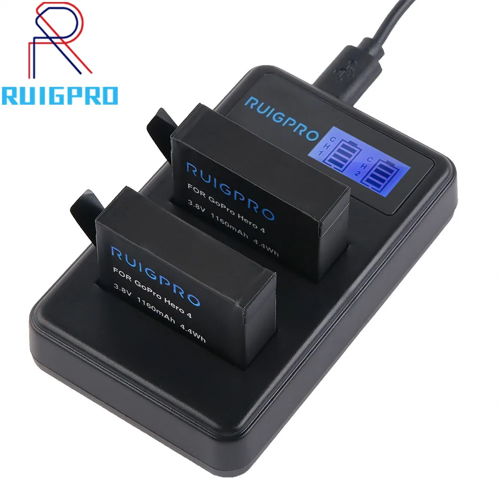 Cargador DOBLE CON CABLE USB para GoPro Hero 4 Negro Plata AHDBT 401