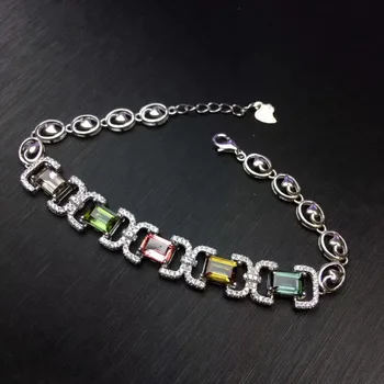 

Natural Multicolor tourmaline gem Bracelet Natural gemstone luxurious Square lock Bracelet 925 silver bracelet women girl Gift