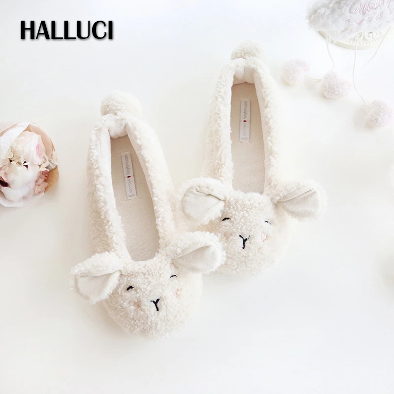 

HALLUCI Lamb flats shoes women home Slippers pantufa thicken keep warm indoor casual animal sapato feminino cotton shoes women