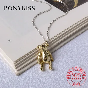 

PONYKISS 100% 925 Sterling Silver Golden Cartton Bear Pendant Necklace Women Party Delicate Accessory Girl Birthday Cute Gift