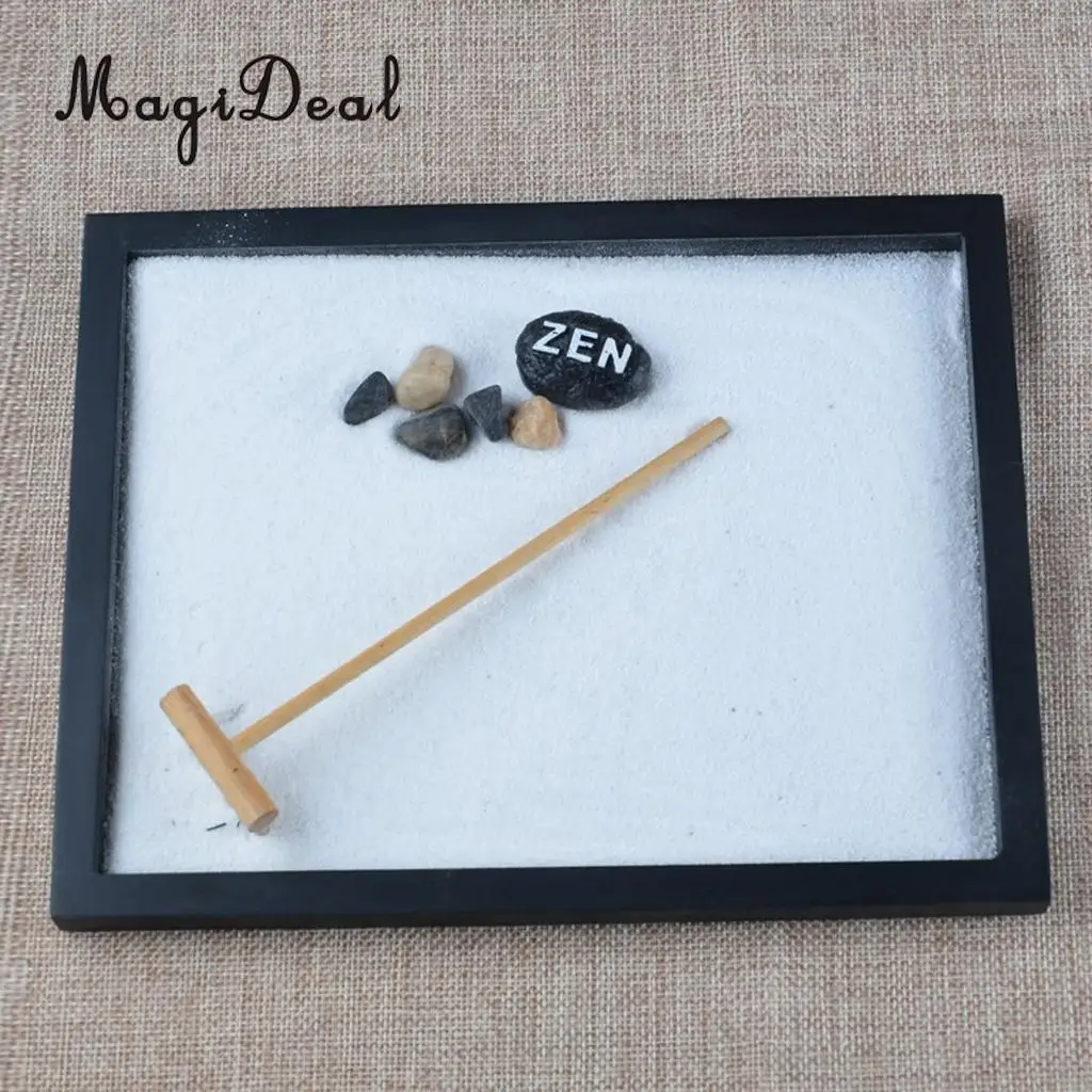 MagiDeal Japanese Zen Garden Sand Tray Buddha Stones Fengshui Meditation Landscape Ornament Home Club Pub Bar