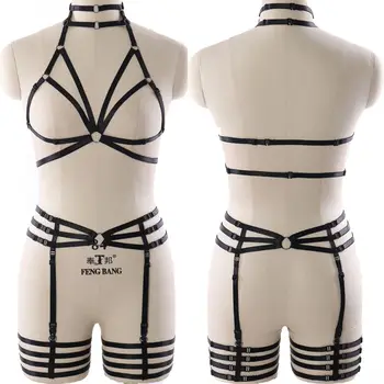 

Women full Body Harness Bondage Bra Black Elastic Garter Belt Set adjust Strap Lingerie Hollow Out Halloween Dance Club Wear
