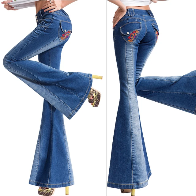 Autumn Women's Fashion Embroidered Flower Decorated Stretch Bell Bottom Jeans Female Woman