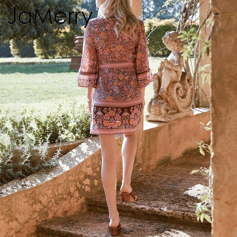 JaMerry Boho vintage сексуальные мини короткое платье женские богемные рукав фонарик