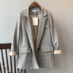 Мода 2019 г. плед женский пиджак пальто Ретро кнопка костюм с сеткой куртка с подплечники Блейзер Женский повседневное пальто для будущих мам