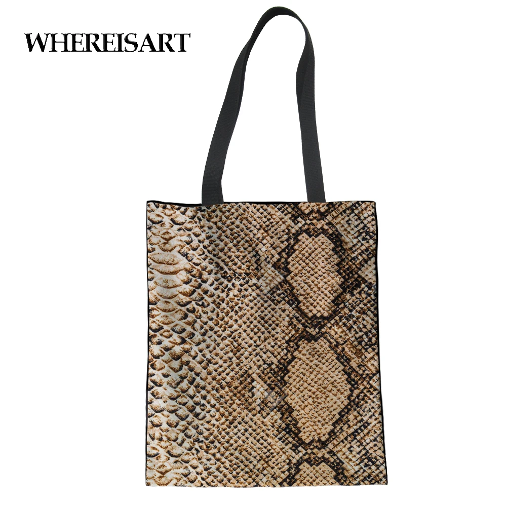 

WHEREISART Foldable Bag Shopping Snakeskin Printing Shoulder Bag Female Shopping Bag Summer Beach Travel Tote Bolso De Compras