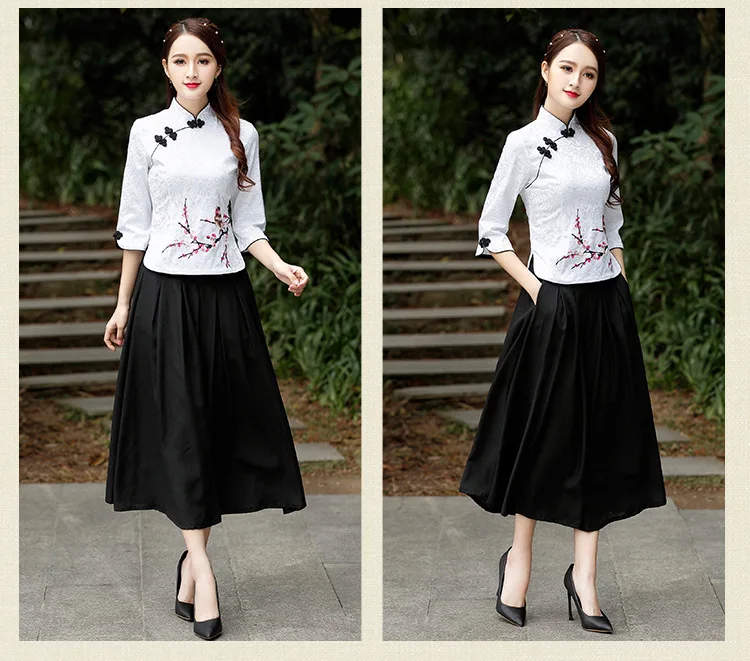 Женский китайский Топ Cheongsam, блузка из хлопка с вышивкой сливы, 7 точек, рукав Tang 4XL размера плюс