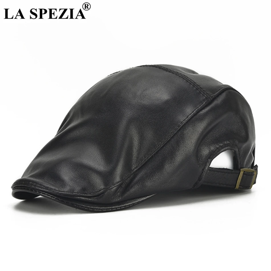 

LA SPEZIA Genuine Leather Beret Mens Black Adjustable Flat Cap Male Real Leather Casual Duckbill Hats Spring Autumn Ivy Caps