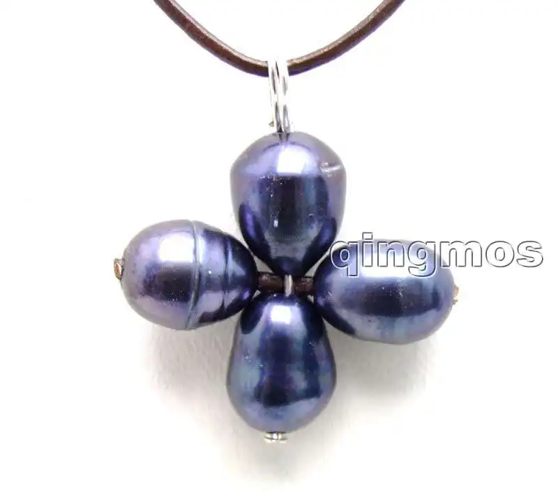 

Big 10-11mm black rice Natural Freshwater Pearl pendant & Black Leather 18" Necklace-5922 wholesale/retail Free shipping