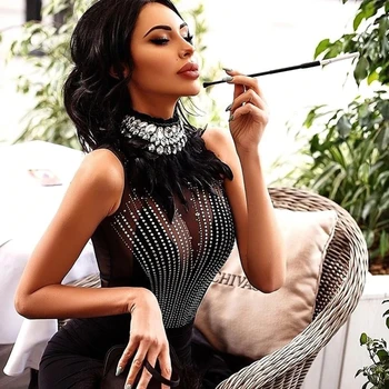

Seamyla 2020 New Bandage Jumpsuits Women Sleeveless Beaded Black Mesh Sexy Jumpsuits Bodycon Night Club Party Long Jumpsuit
