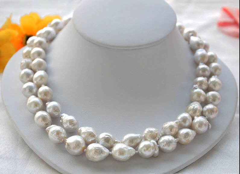 

FREE SHIPPING fast 2strands 13mm white almost round Edison PEARL NECKLACE MABE HOT HOT sell