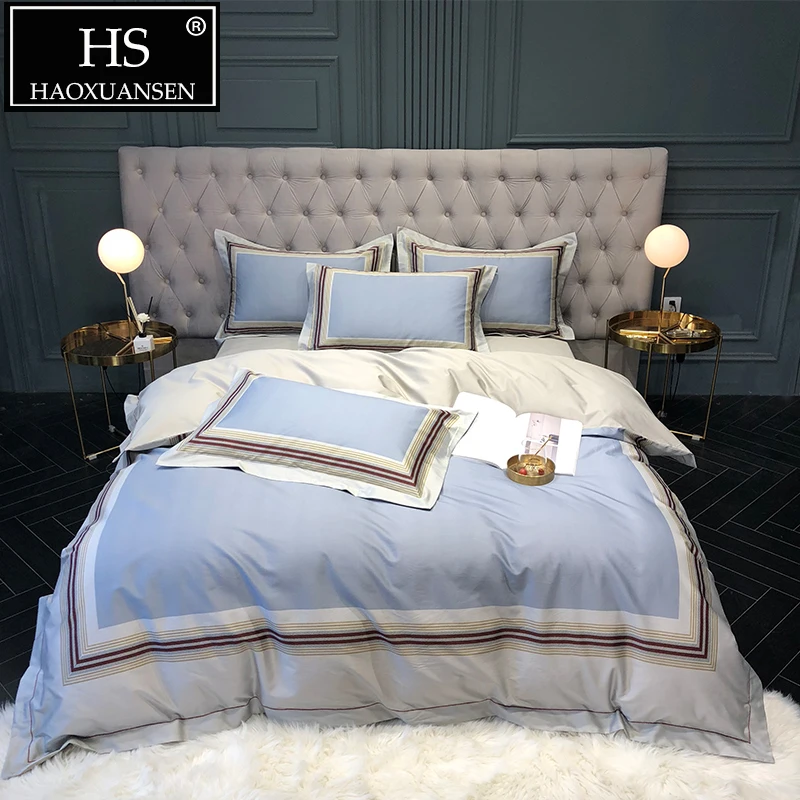 

Luxury Blue 100% Egyptian Cotton 4pcs Bedding Sets Striped Digital Print Bed Linen Set Queen King Size 100S Double Bed Set