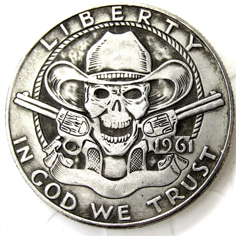 Hobo Creative 1961 Franklin Silver Half Dollar Cowboy Skull Zombie Skeleton Coin