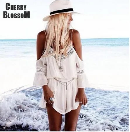 2016 New Combishort Femme Summer Loose White Short Jumpsuit Deep V-neck Spaghetti Off Shoulder Playsuit Rompers Womens Jumpsuit