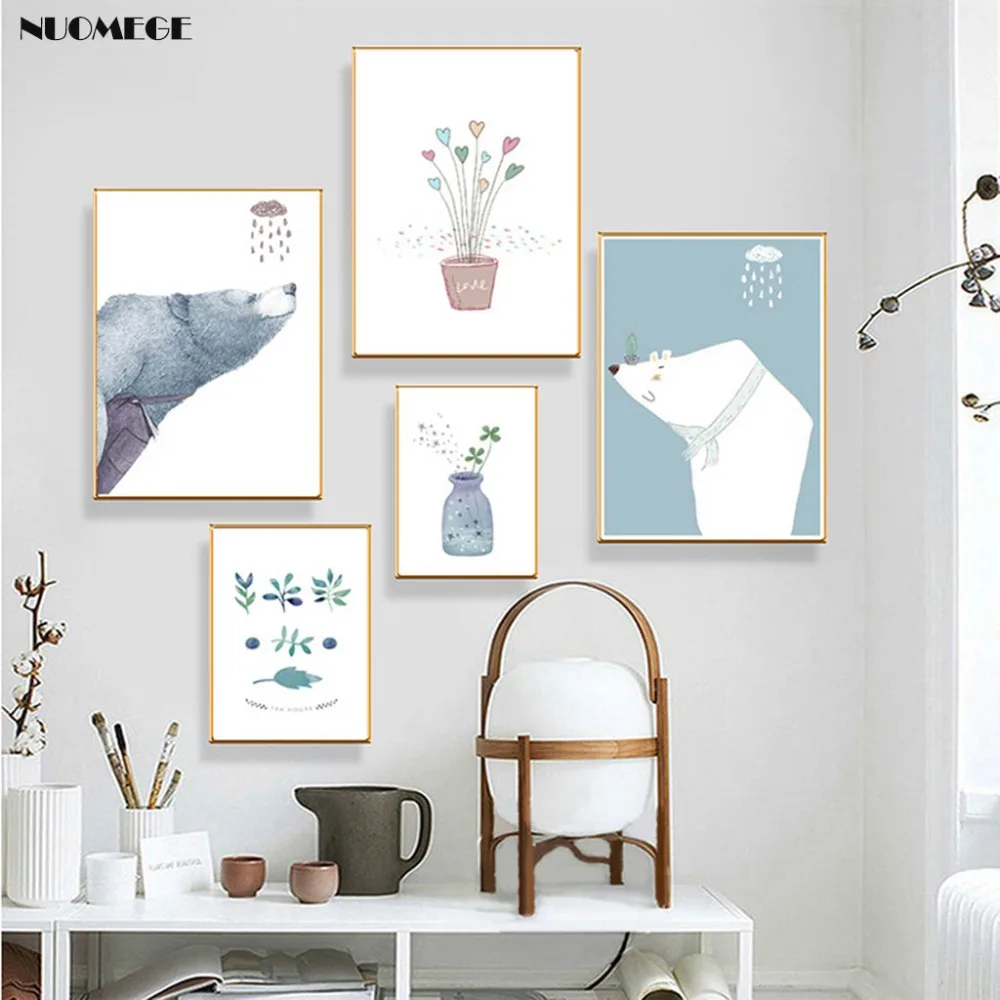 

NUOMEGE Cute Bear Leaf Smiling Face Plant Wishing Bottle Nordic Modern Canvas Posters Wall Art Painting Picture Home Decoration