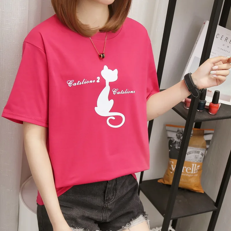 

2019 Summer New Women's T-shirt Korean Fashion Casual Kitten Print Loose Large Size Female Tshirts Kawaii Tees O-Neck Tops 90s