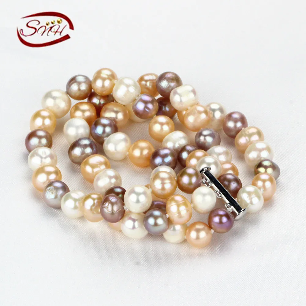 

SNH High quality 9 mm AA grade potato multi-color Natural freshwater pearl bracelet for women 925 silver Jewelry wholesale pric