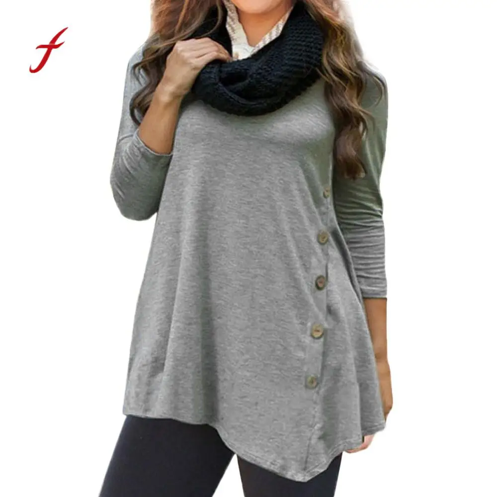 

Women Plus Size Large Long Full Sleeve Loose Button Trim solid Top O Neck Tunic T-Shirt Female Asymmetric Irregular Pullover