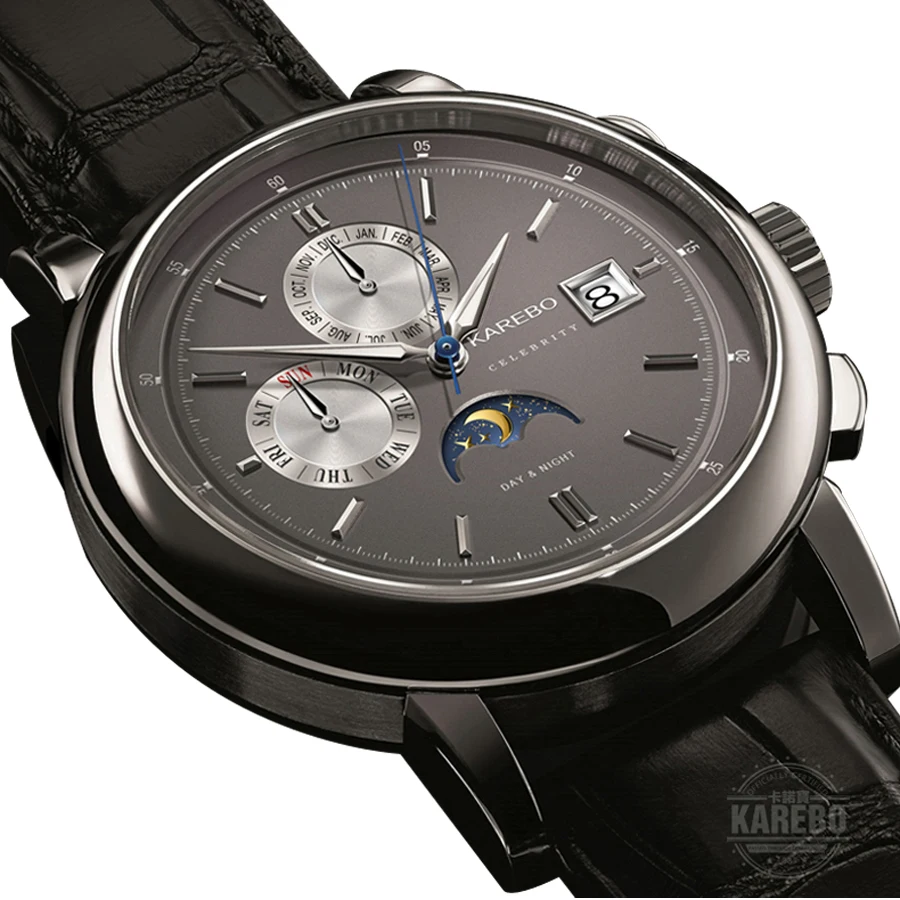 KAREBO автоматические мужские наручные часы с тремя окнами с ручным заводом-серебристый чехол с серым циферблатом