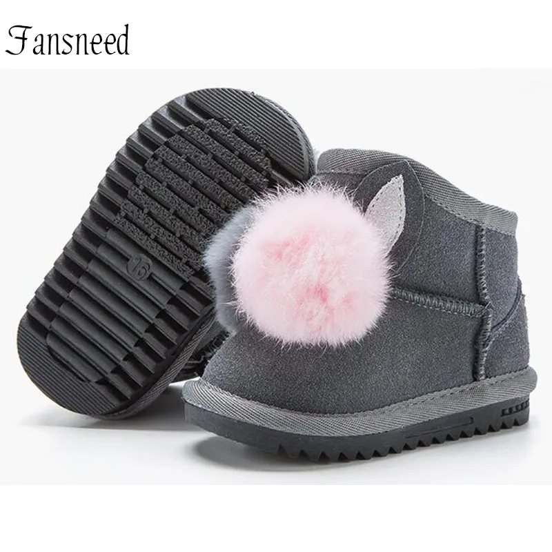 

Baby warm winter boots natural leather quality waterproof upper children boots thick fur inside rabbit hair ball decoration boot