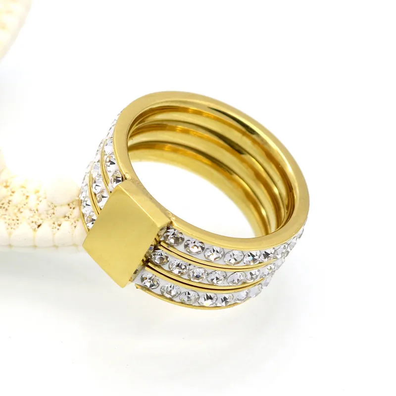 10mm Width Three-ring Fixed Design Rhinestone 316L Stainless Steel Rings For Women Gold Color Party Jewelry (JewelOra RI102369)