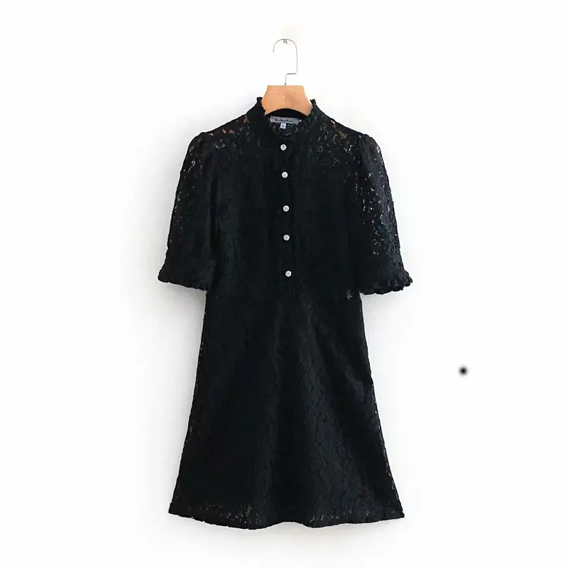 

2019 women fashion pearls buttons ruffled collar black lace mini dress femme sexy casual slim dresees chic party vestidos DS1938