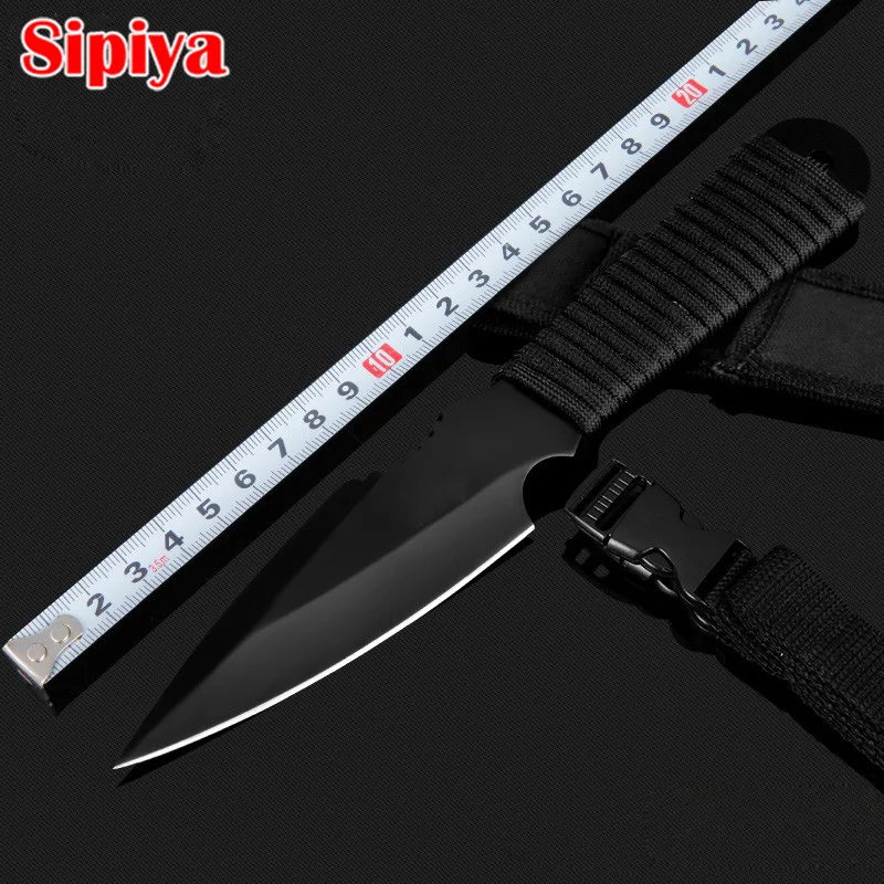 Дешевый Нержавеющая сталь охотничий нож Выживание ножи фиксированное лезвие Дайвинг Открытый походный Нож Серебряный черный с нейлоновой оболочк...