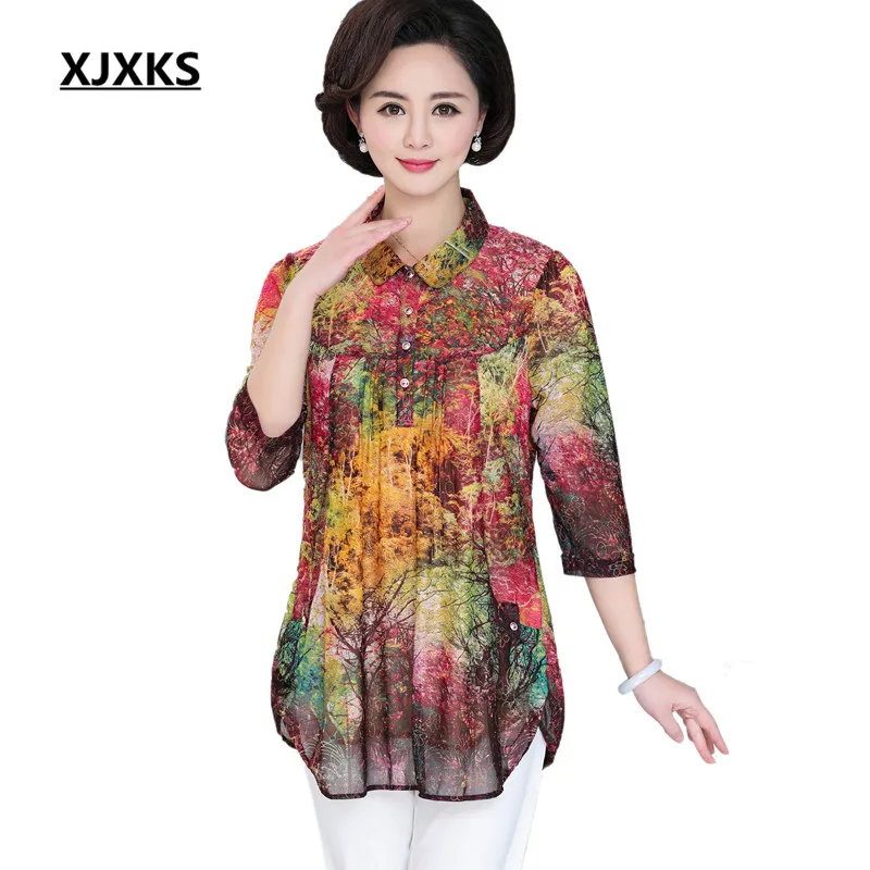 

XJXKS Fashion multi color printing women's blouse and tops 2019 spring summer new loose plus size casual women's chiffon shirt