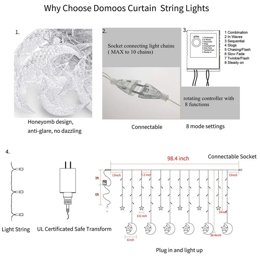 2,5 м 138 светодиодный светильник s moon star, светодиодный, рождественские гирлянды для занавесок, AC110V/220 V, Рамадан, свадебные, новогодние, вечерние, декоративные огни