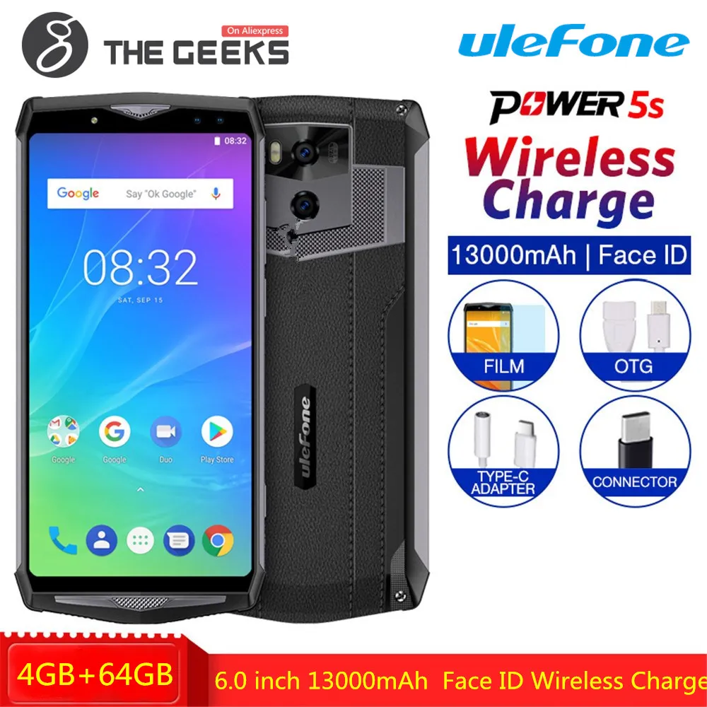 

Ulefone Power 5s 13000mAh Mobile Phone Android 8.1 6.0" FHD MTK6763 Octa Core 4GB+64GB 21MP Face ID Wireless Charge Smartphone