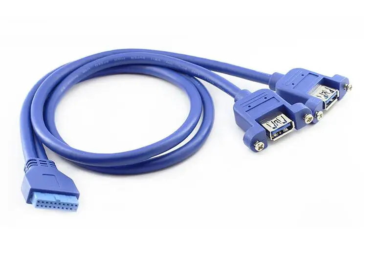 

PC Computer Case Internal 19Pin Female to 2-Port USB 3.0 Type A Female Screw Lock Panel Mount Cable Blue 50cm