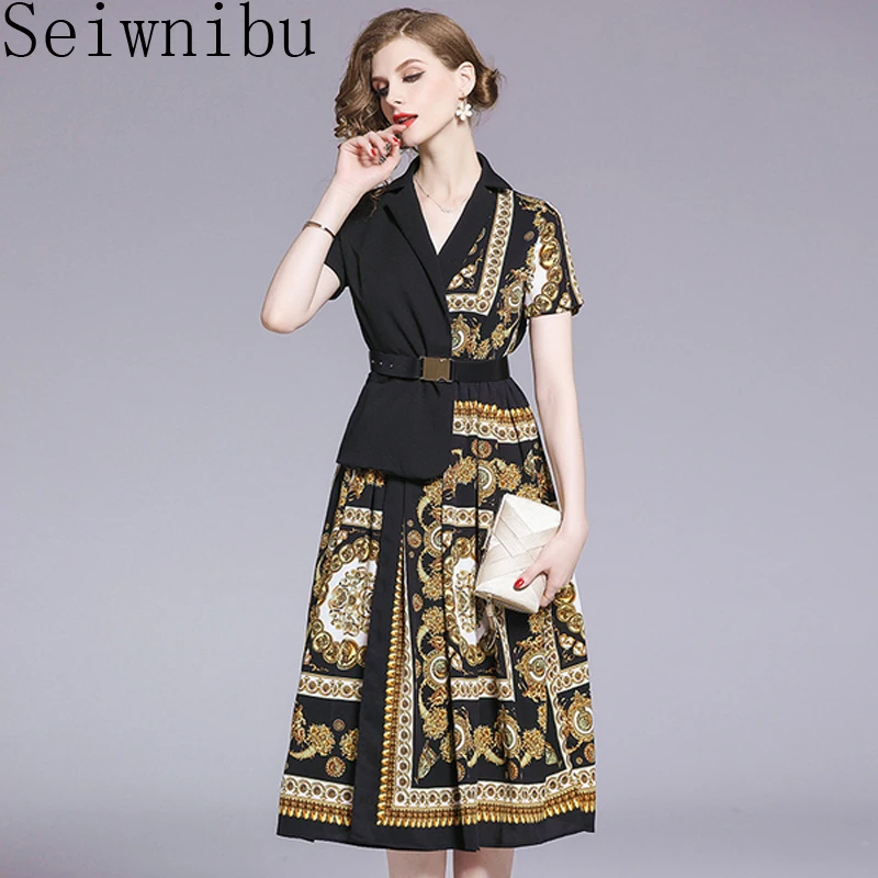 

Office Lady Notched Patchwork Print Dress 2019 Summer Women Vintage Short Sleeve Party Dress A-Line One-Piece Dress With Belt