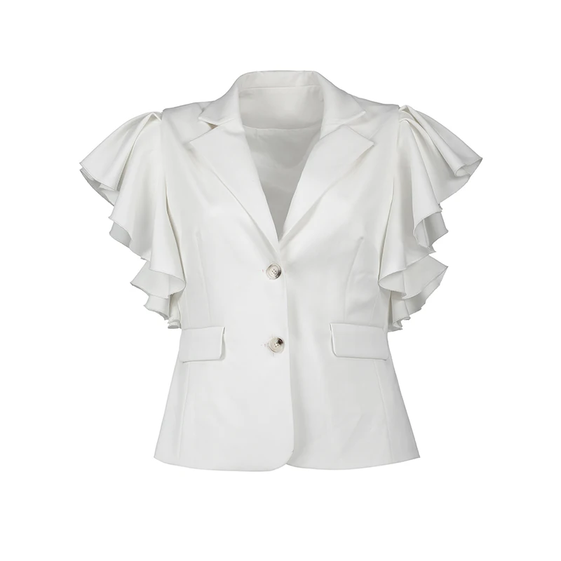 Women White Blazer Coats Short Ruffle Sleeve Summer Fashion Office Tops