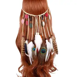 Этнический богемный головной убор женские цветные кисточки из бисера Павлин перо хиппи индейцы резинки для волос регулируемые Корона