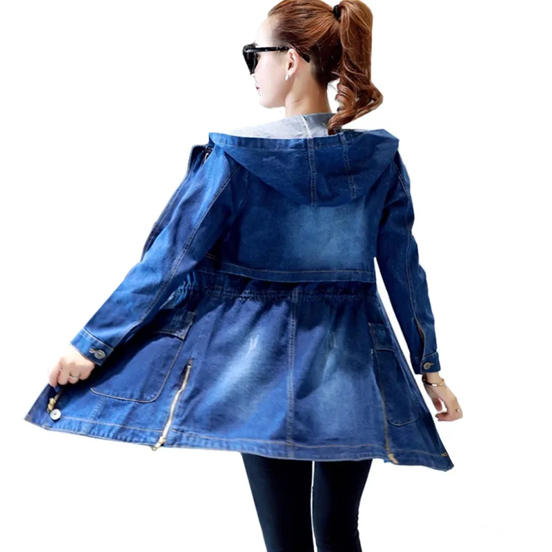 Hooded Denim Women Jackets Spring Autumn Loose Vintage Long-sleeved Jeans Jacket Casual Student Slim Denim Coat Plus size 5XL