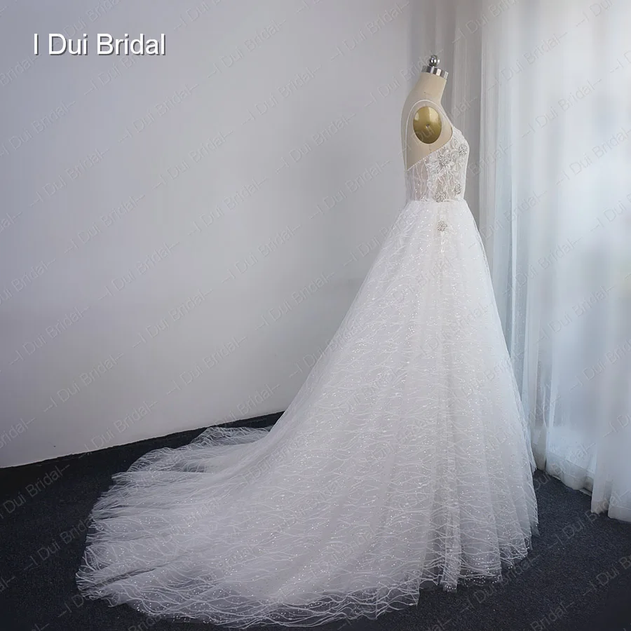 Блестящий тюль свадебное платье Спагетти ремень Кристалл бисером суд Поезд свадебное платье стиль