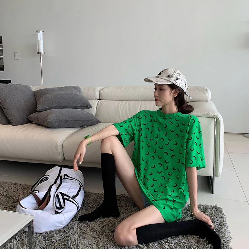 

2 colors 2019 Summer korean style loose moon print short sleeve t shirts womens tee shirt femme casual tops (R11060)