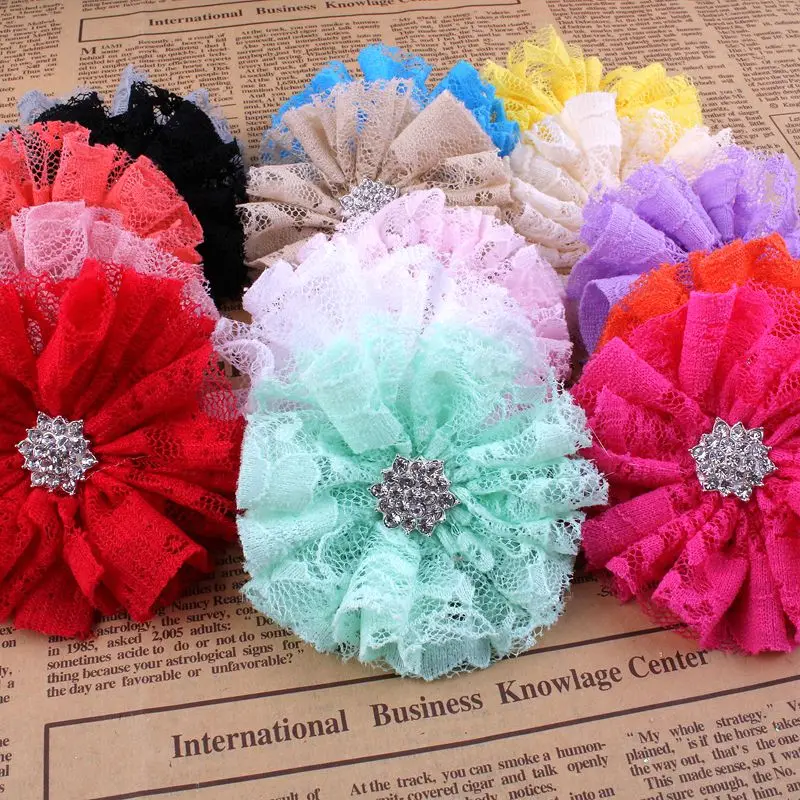 

200pcs/lot 7CM 15 Colors New Arrival Handmade Tulle Frayed Fluffy Fabric Artificial Flower With Shiny Alloy Rhinestone Button